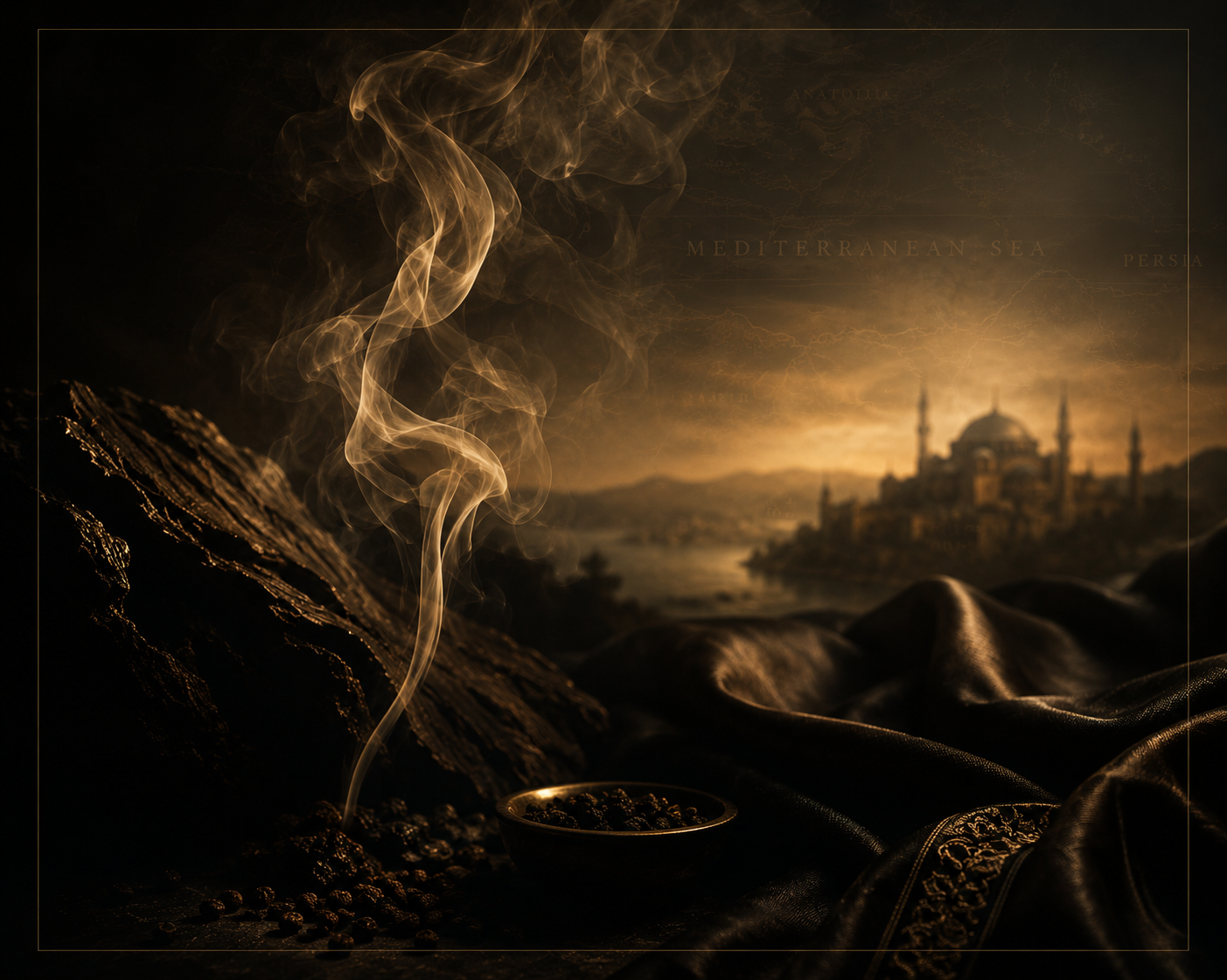 Incense smoke rising over a Mediterranean horizon — Silk Road heritage